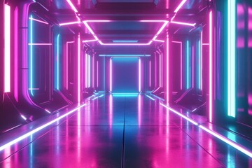 Futuristic corridor with vibrant neon lights in a modern architectural space