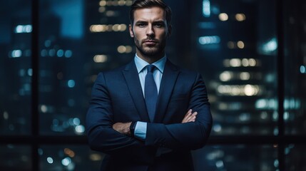 Fototapeta premium A focused man in a formal suit and tie stands confidently by a window, exuding professionalism and determination in a modern environment.