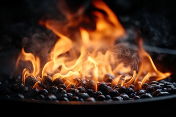 Bright flames dance above burning coal in a grill pan, creating an inviting atmosphere for outdoor cooking and gatherings.