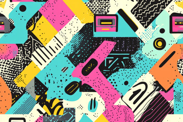 A nostalgic 90s mixtape background with colorful cassette tapes, bold typography, and playful retro patterns.