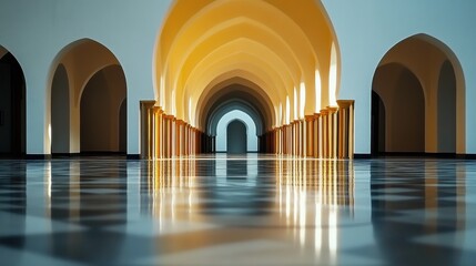 Obraz premium Serene Hallway with Arched Ceilings and Reflective Floor Surface