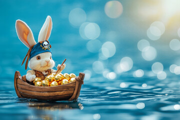 A playful Easter Bunny dressed as a pirate, sailing a tiny wooden boat filled with treasure-like golden Easter eggs across a shimmering blue lake.