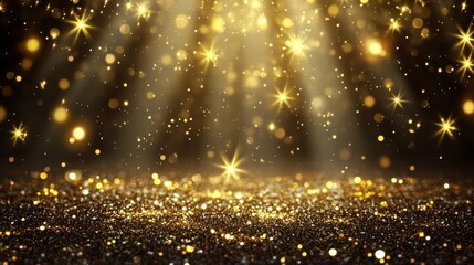Naklejka premium A shimmering gold glitter background adorned with sparkling stars, creating a festive and elegant visual appeal.