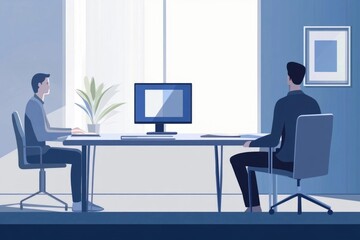 Two colleagues work at a modern office desk near a window, collaborating on a project.