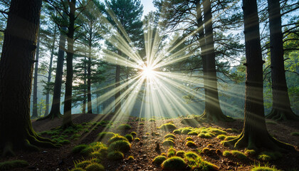 Ethereal light rays illuminate serene forest floor, natural tranquility