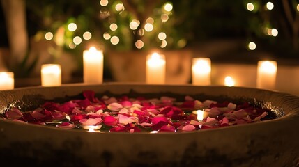 Glowing Rose Petals in Stone Basin with Candles
