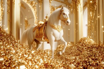 Majestic white horse adorned in gold amidst a treasure-filled opulent setting