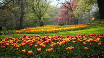 Obraz premium A vibrant field filled with various colored tulips creating a stunning floral display.