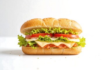 Fresh sandwich with layers of lettuce, tomato, cheese, and meat on a white background, showcasing a delicious and balanced meal.