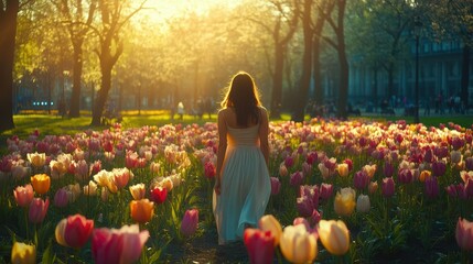 A giraffe gracefully strolls through a vibrant tulip field, basking in the warm sunlight, creating a picturesque natural scene.