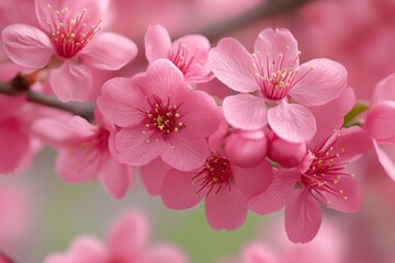 Fototapeta premium A detailed close-up of a delicate pink flower blooming on a tree branch, showcasing its vibrant petals and natural beauty.