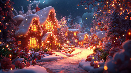 Whimsical fantasy village with colorful houses and starry sky, cozy fairytale landscape with warm lights, dreamlike digital illustration of a magical landscape