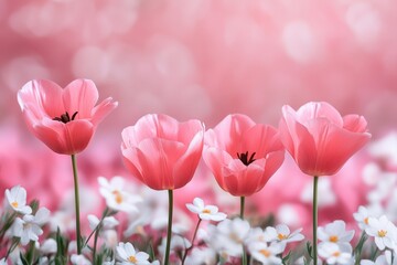 Obraz premium A vibrant field showcasing a multitude of pink flowers interspersed among delicate white blooms, creating a stunning contrast in nature.