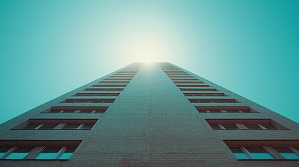 Urban skyscraper facade, low angle view, bright sun, clear sky