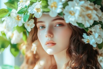 Fototapeta premium A woman adorned with a vibrant flower crown, exuding beauty and grace, captured in a moment of nature-inspired elegance.