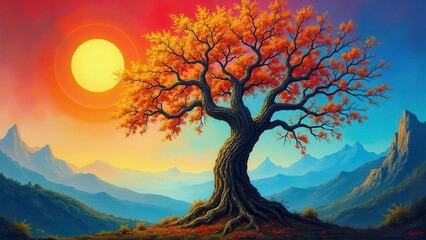Fototapeta premium A vibrant tree art piece with a colorful sunset, mountains, and a large sun in the background.