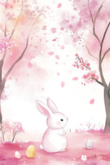 Obraz premium A watercolor Easter Bunny illustration, softly blended with pastel hues, standing among blooming cherry blossom trees.