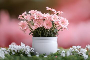 Fototapeta premium A white vase filled with delicate pink flowers elegantly rests on a wooden table, enhancing the room's decor with its natural beauty.