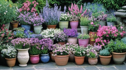 Fototapeta premium A variety of flower pots arranged on the ground, showcasing vibrant blooms and greenery in an outdoor setting.