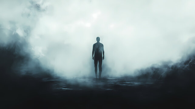 A blurry silhouette of a person standing in a misty environment. Ethereal Ghostly Apparitions. Illustration