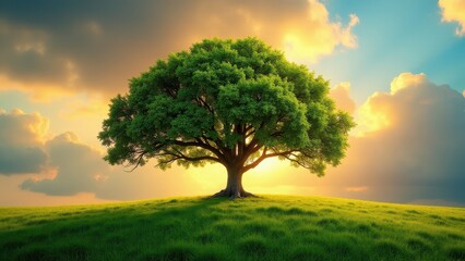 Fototapeta premium A majestic tree stands alone on a grassy hill, illuminated by a golden sunset, perfect for a tree wallpaper.