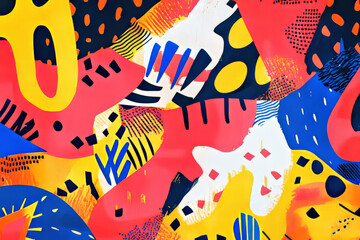 A vibrant risograph-style background with exaggerated patterns and figures, bold use of primary colors like red, blue, and yellow, combined with grainy textures for an artistic and nostalgic feel