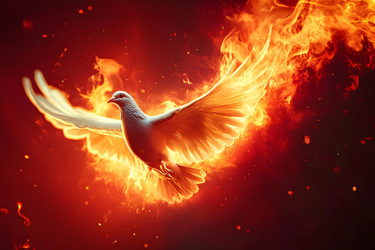 Pentecost Sunday. Pentecost background with flying dove and fire. Created by Generative Al.