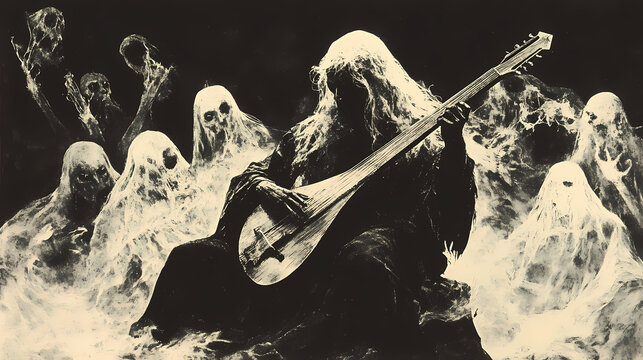 A cursed bard with a haunted lute, surrounded by ghostly apparitions of past listeners illustration, dark fantasy, Ethereal Ghostly Apparitions. Illustration