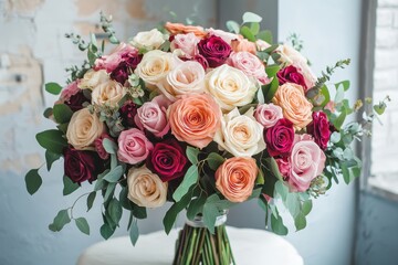 Obraz premium A vibrant bouquet of roses elegantly displayed on a table, illuminated by natural light streaming through an adjacent window.