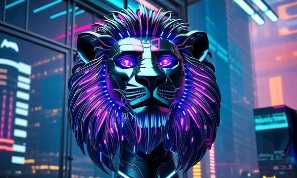 Cyberpunk Big Lion, Featuring Neon Lighted Circuit Patterns in Electric Blue and Magenta. Background Has Futuristic Holographic Look with Customizable Lighting Effects. 4k