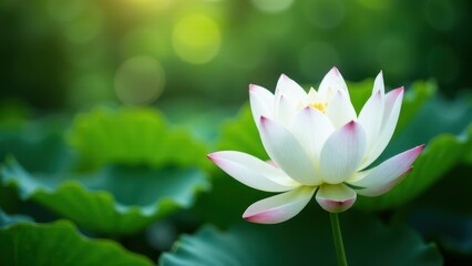 Obraz premium A beautiful white lotus flower with pink-tipped petals in full bloom, surrounded by lush green leaves.