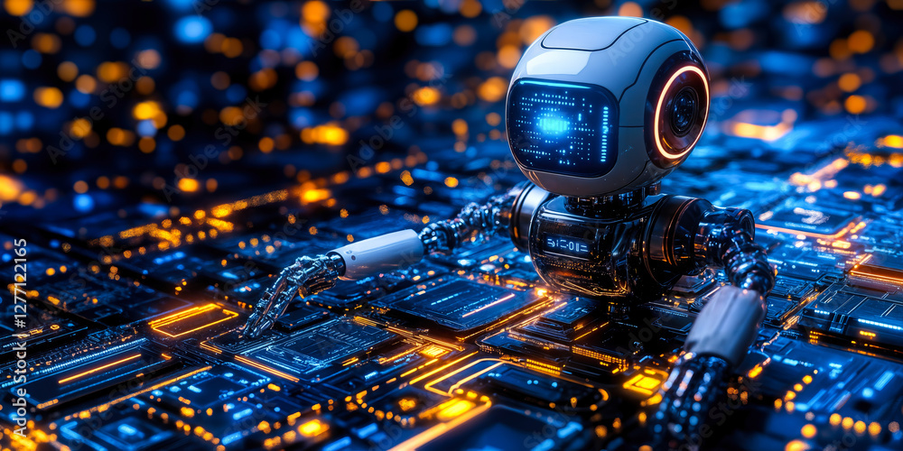 Poster futuristic robot exploring technological circuit board in startup ecosystem highlighting ai integrat