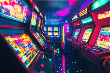 Fototapeta premium A vibrant 90s arcade background with neon lights, CRT screen reflections, and a mix of pixelated and glitchy effects.