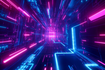 A neon circuit board background with intricate digital pathways, holographic elements, and pulsing blue lights.