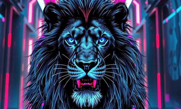 Cyberpunk Big Lion, Featuring Neon Lighted Circuit Patterns in Electric Blue and Magenta. Background Has Futuristic Holographic Look with Customizable Lighting Effects. 4k