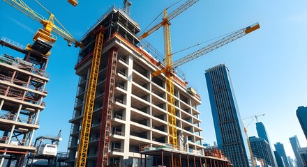 yellow cranes tower over an unfinished high-rise building. It's a construction site with many floors and concrete columns under a bright blue sky.