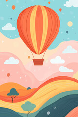 Fototapeta premium A colorful hot air balloon floats above a whimsical landscape with rolling hills, trees, and a pastel sky filled with clouds and smaller balloons