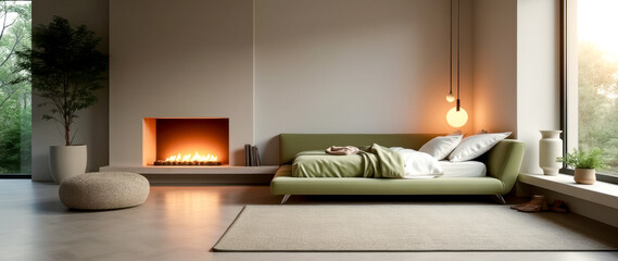 modern bedroom interior with green bed and fireplace