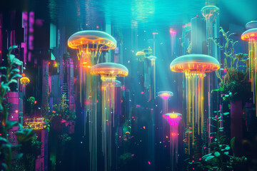Fototapeta premium A surreal underwater dreamscape where gravity is reversed, featuring floating jellyfish-like buildings, luminous aquatic plants, and glowing neon trails of deep-sea creatures.