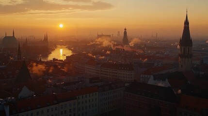 Obraz premium A scenic sunrise over a cityscape with historical buildings and a river.