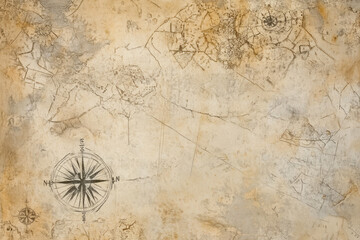 Fototapeta premium A vintage map background with faded parchment textures, intricate compass details, and antique cartography elements.