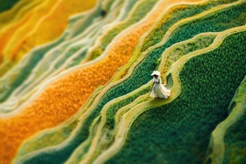 Obraz premium A woman in a white dress walks along vibrant green and gold rice terraces, a picturesque scene.