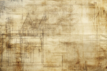 Fototapeta premium A weathered blueprint-style background with architectural line drawings, faded ink, and worn parchment textures.