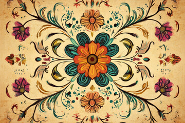Fototapeta premium A tapestry-like vintage background with intricate embroidery patterns, warm earthy tones, and ornate floral designs.