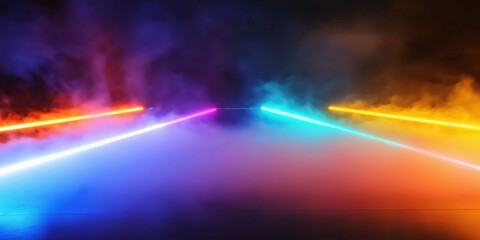 Colorful light beams illuminate a neon fog background, creating a dynamic and high-tech atmosphere for modern visuals or promotional designs
