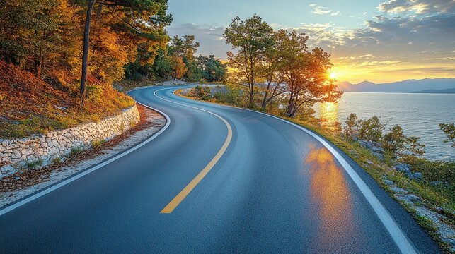 Winding Road Sunset Coastline Autumn