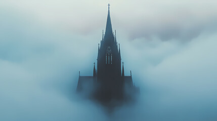 Fototapeta premium Fog creeps up to the base of a towering spire, misty, church. Gothic Misty Ruins. Illustration
