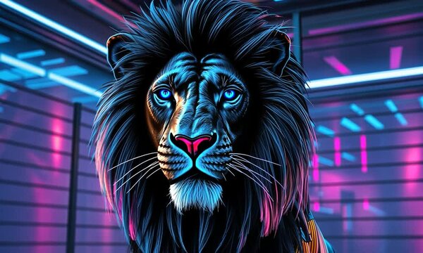 Cyberpunk Big Lion, Featuring Neon Lighted Circuit Patterns in Electric Blue and Magenta. Background Has Futuristic Holographic Look with Customizable Lighting Effects. 4k