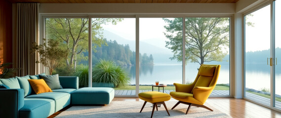 Obraz premium modern living room interior with teal sofa yellow armchair and scenic lake view