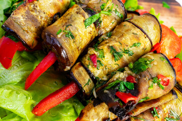 Grilled vegetable skewers made with eggplant and bell peppers